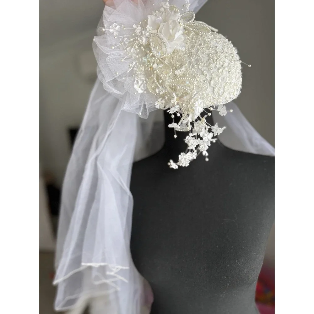 Vintage bohemian Bridal Hat Veil White Lace Beaded Floral Wedding 30